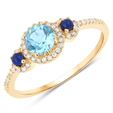 "0.83 Carat Genuine Swiss Blue Topaz, Lapis and White Diamond 10K Yellow Gold Ring"